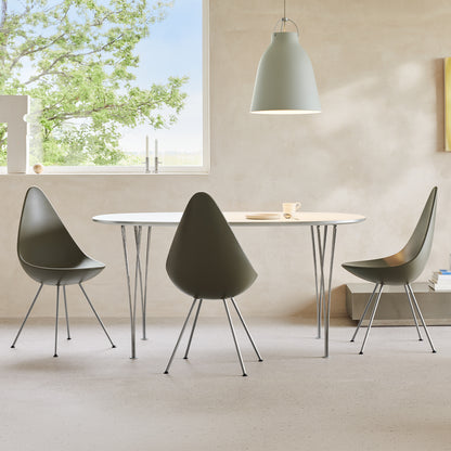 Drop Dining Chair Plastic (3110) by Fritz Hansen - Olive Green / Chrome Base
