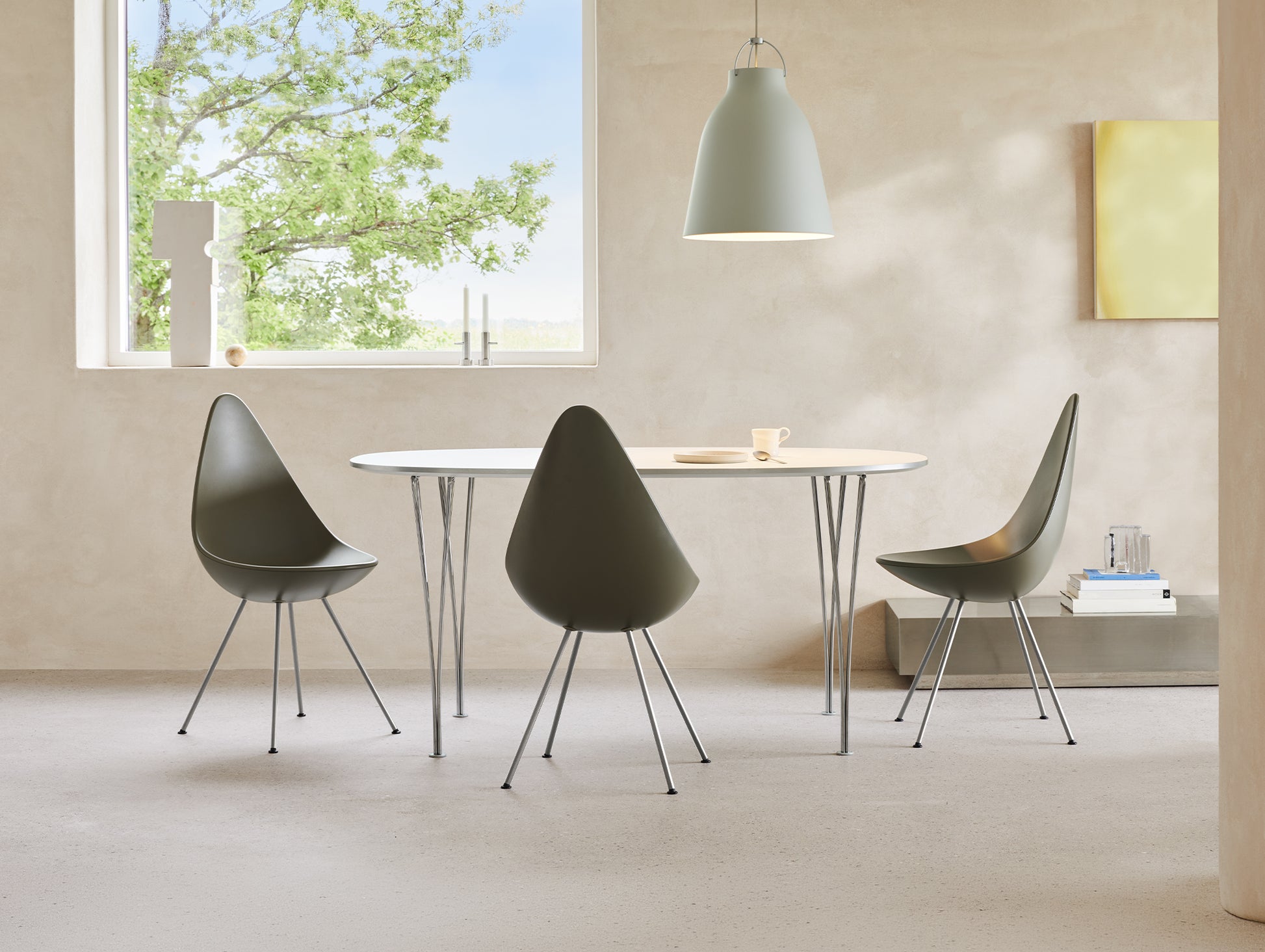 Drop Dining Chair Plastic (3110) by Fritz Hansen - Olive Green / Chrome Base