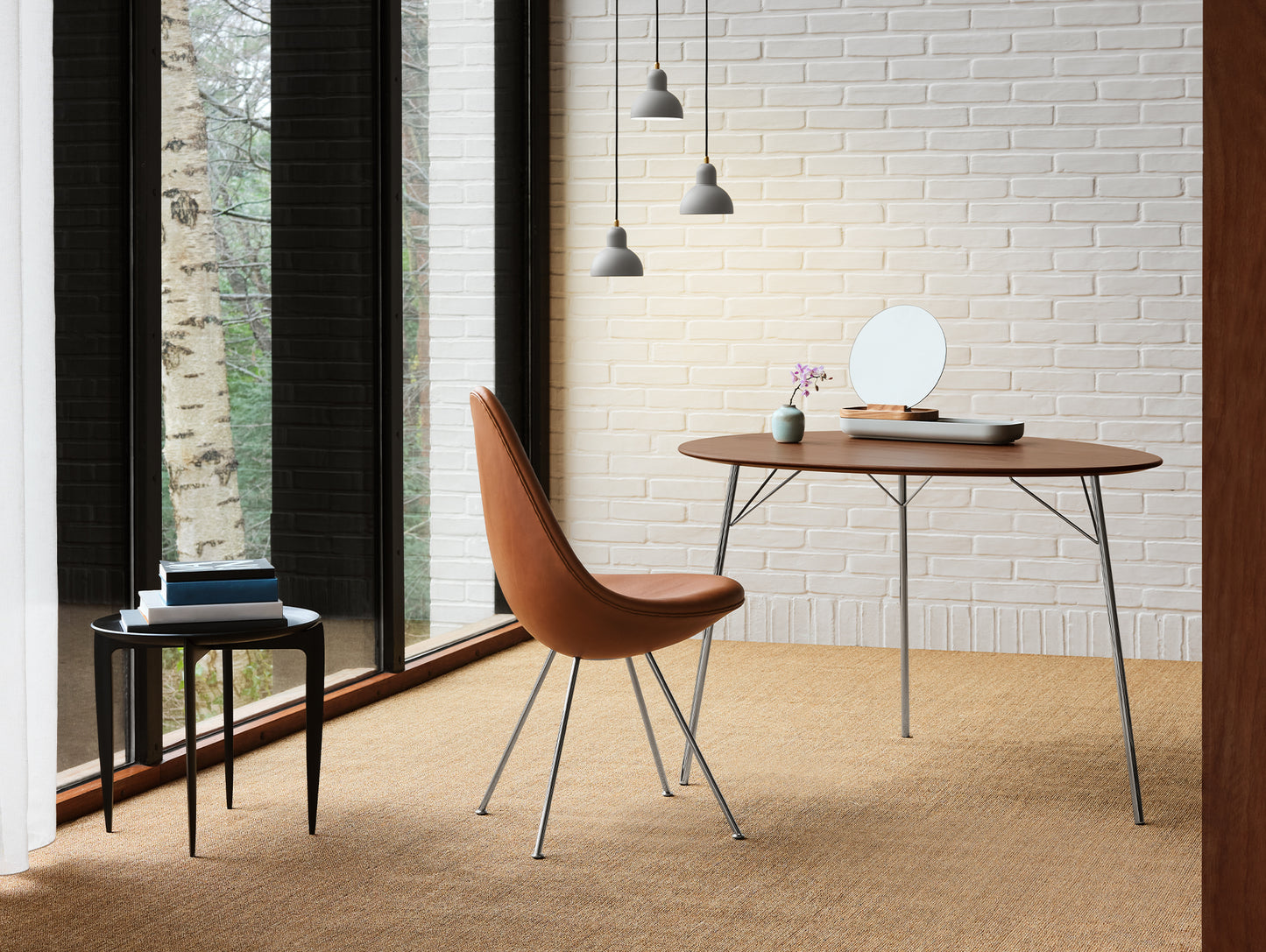 Drop Dining Chair 3110 by Fritz Hansen - Walnut Grace Leather / Chromed Steel