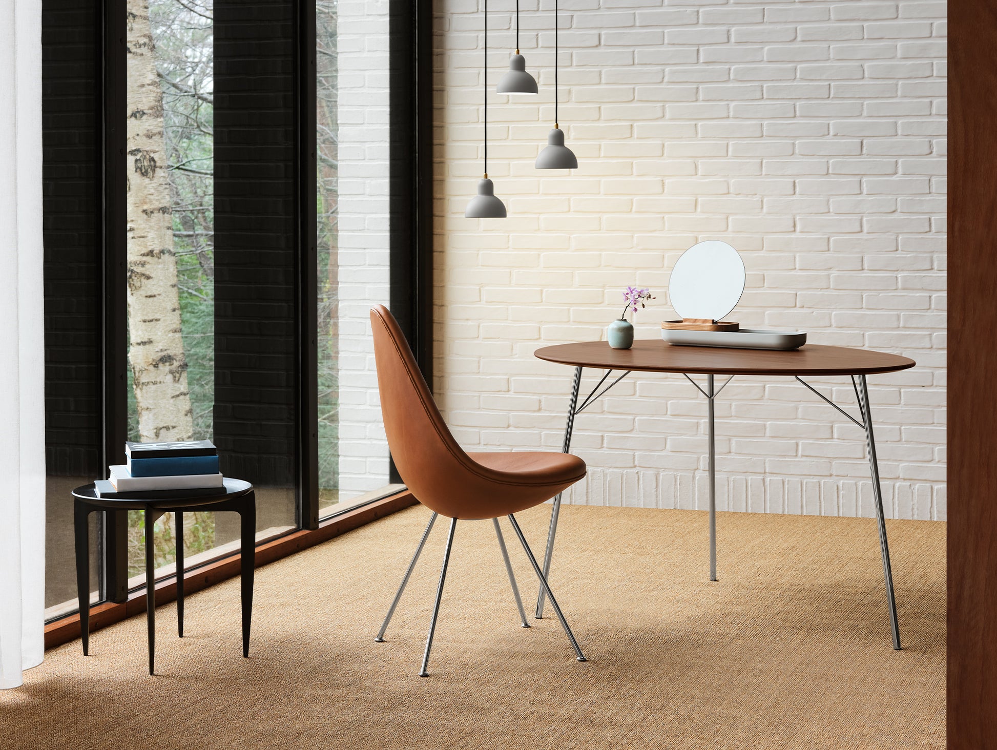 Drop Dining Chair 3110 by Fritz Hansen - Walnut Grace Leather / Chromed Steel