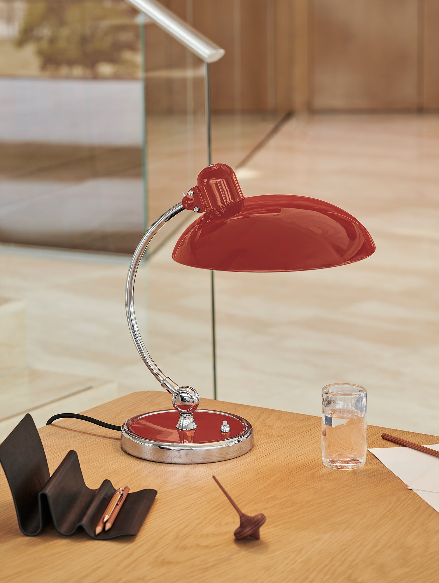 Kaiser Idell Luxus Table Lamp by Fritz Hansen - High Gloss Venetian Red Shade with Chrome Base
