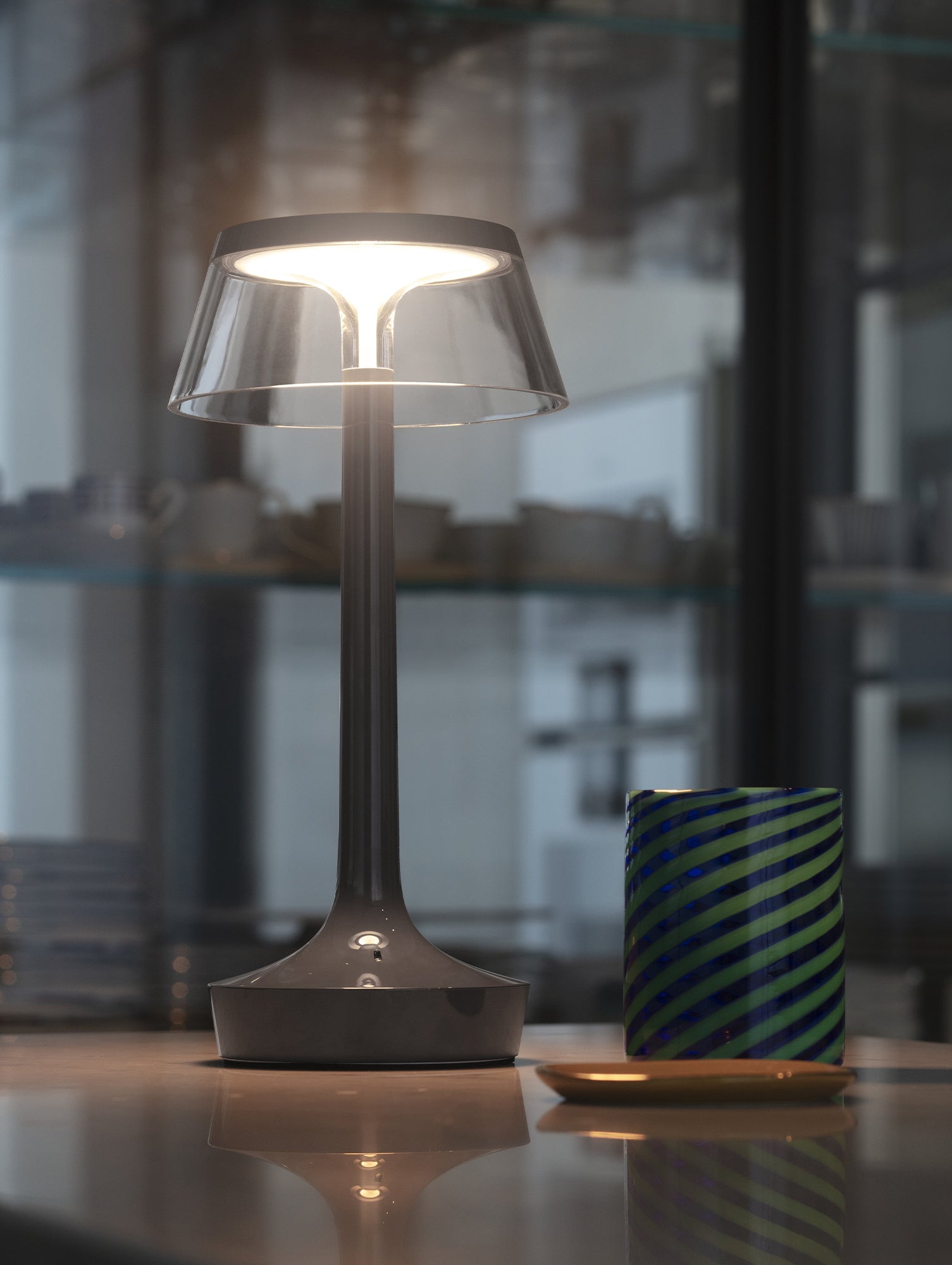 Bon Jour Unplugged Portable Lamp by Flos - Stormy Grey / Transparent Crown