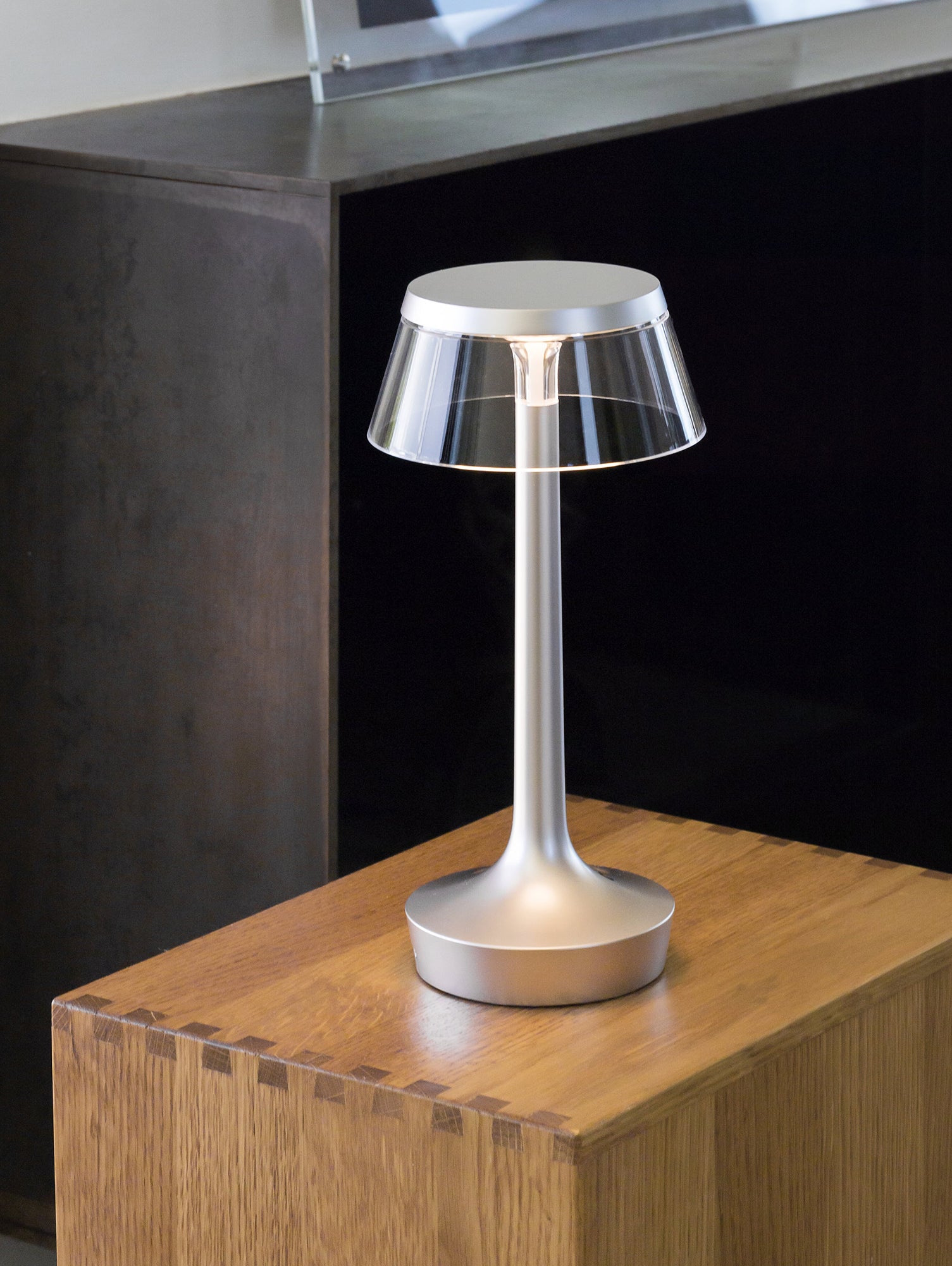Bon Jour Unplugged Portable Lamp by Flos - Chrome / Transparent Crown