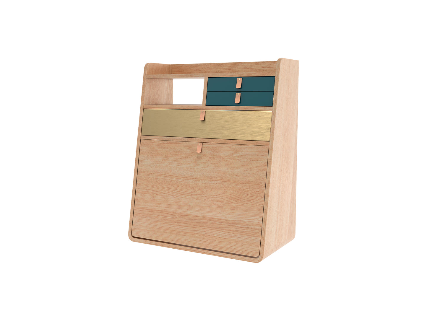 Gaston Writing Desk by Hartô - Width: 60 cm, Oak / Petrol Blue / Brushed Brass