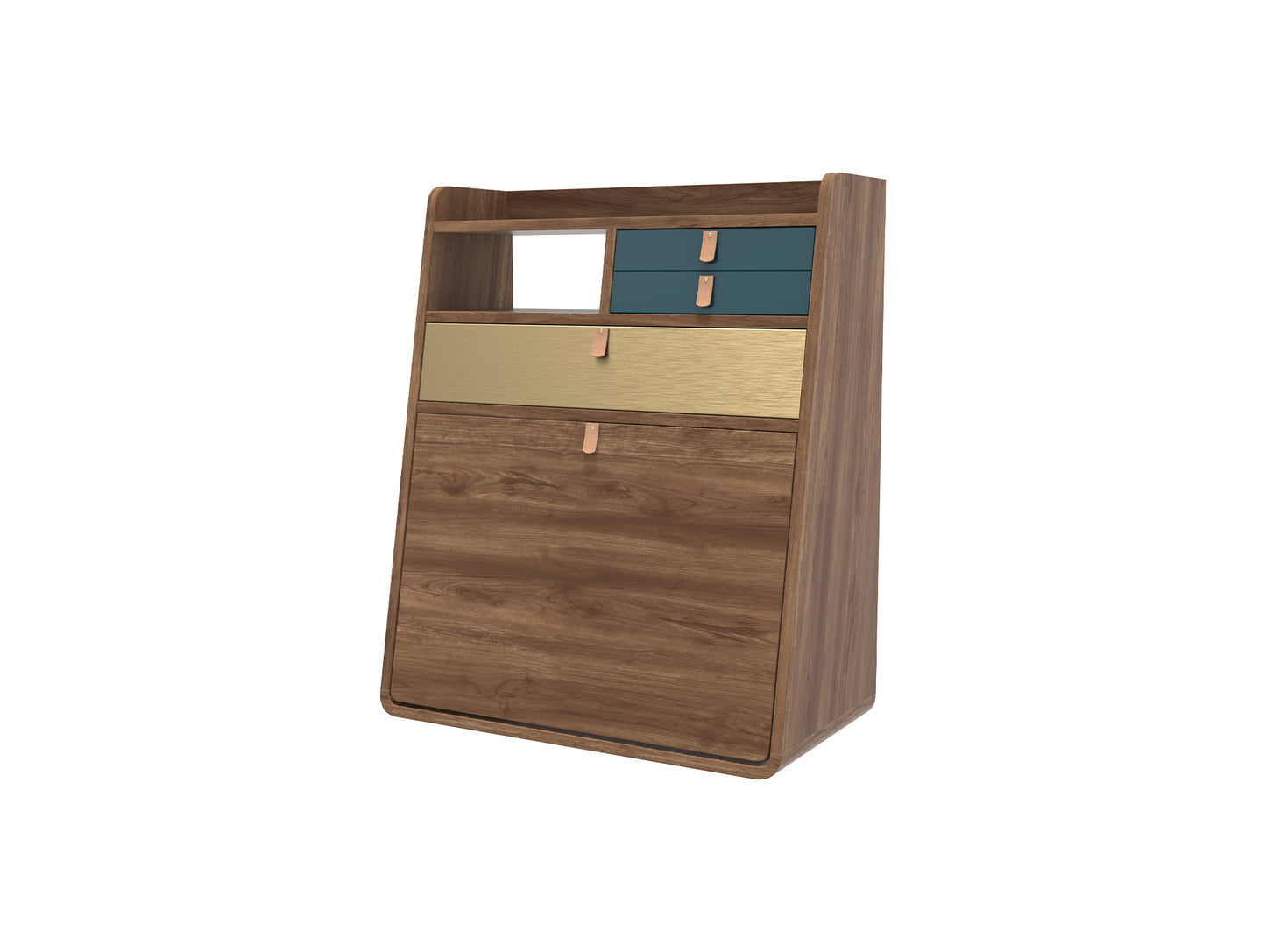 Gaston Writing Desk by Hartô - Width: 60 cm, Walnut / Petrol Blue / Brushed Brass