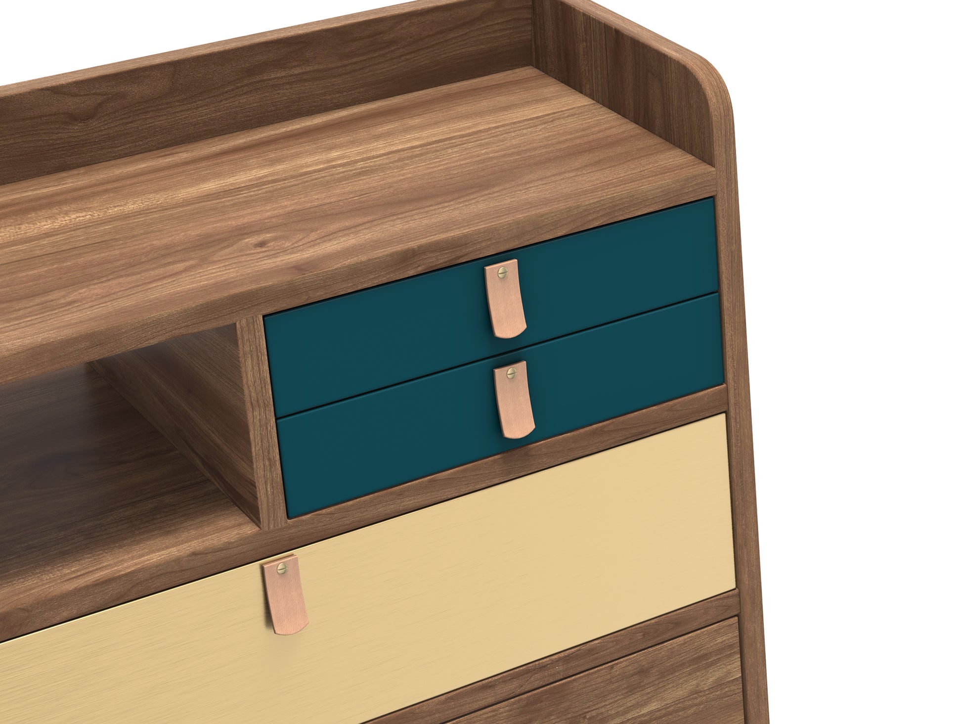 Gaston Writing Desk by Hartô - Width: 60 cm, Walnut / Petrol Blue / Brushed Brass