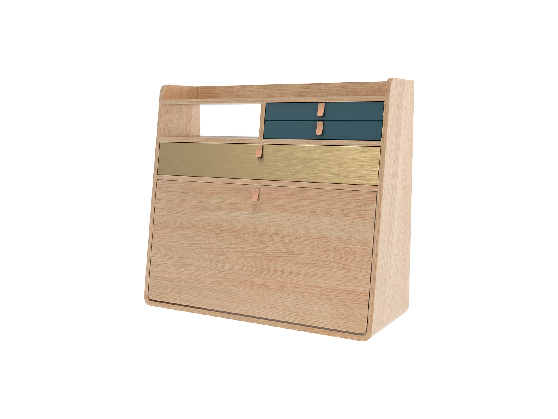 Gaston Writing Desk by Hartô - Width: 80 cm, Oak / Petrol Blue / Brushed Brass