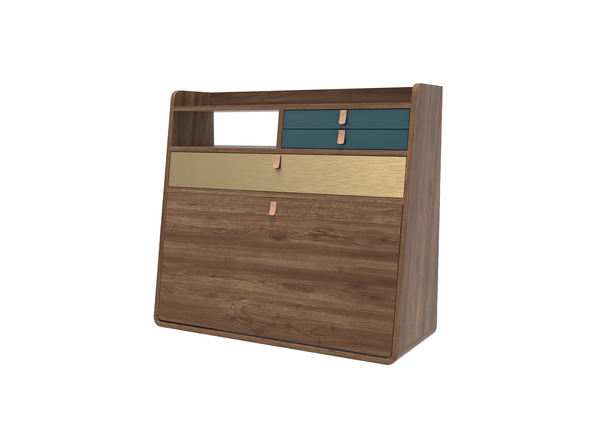 Gaston Writing Desk by Hartô - Width: 80 cm, Oak / Petrol Blue / Brushed Brass