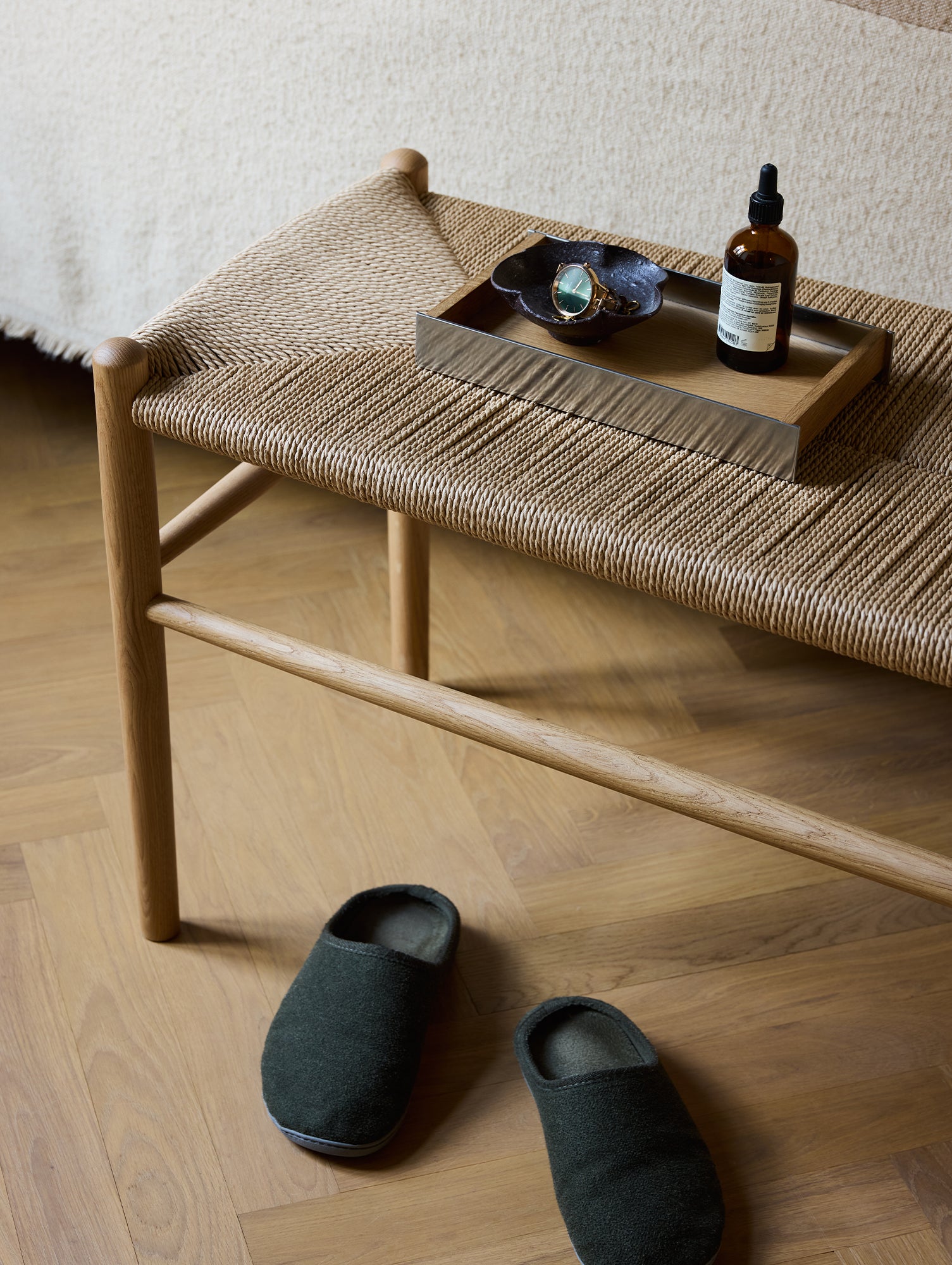 J163 Bench by FDB Mobler - Base: Lacquered Oak / Seat: Nature Paper Cord