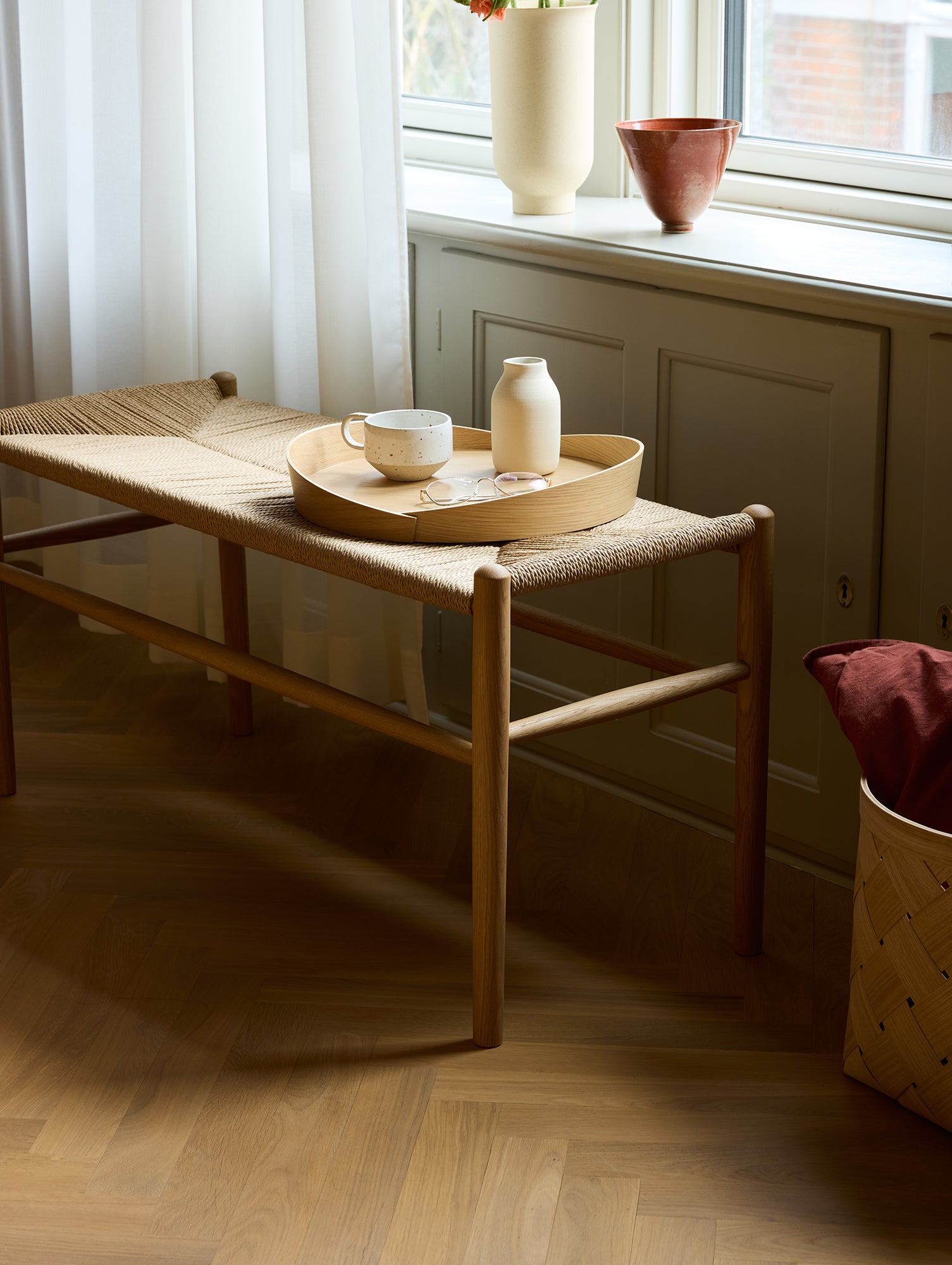 J163 Bench by FDB Mobler - Base: Lacquered Oak / Seat: Nature Paper Cord