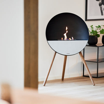 Le Feu Eye Fireplace with Black Body, Black Top, White Front and Soaped Oak Base