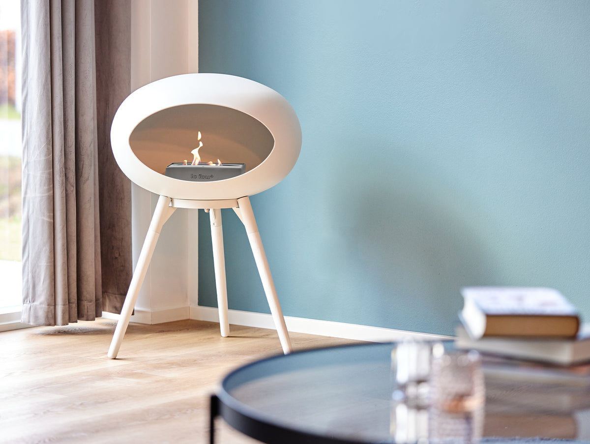 Ground Low Fireplace by Le Feu - White Dome / Polished Steel Bowl / White Oak Base