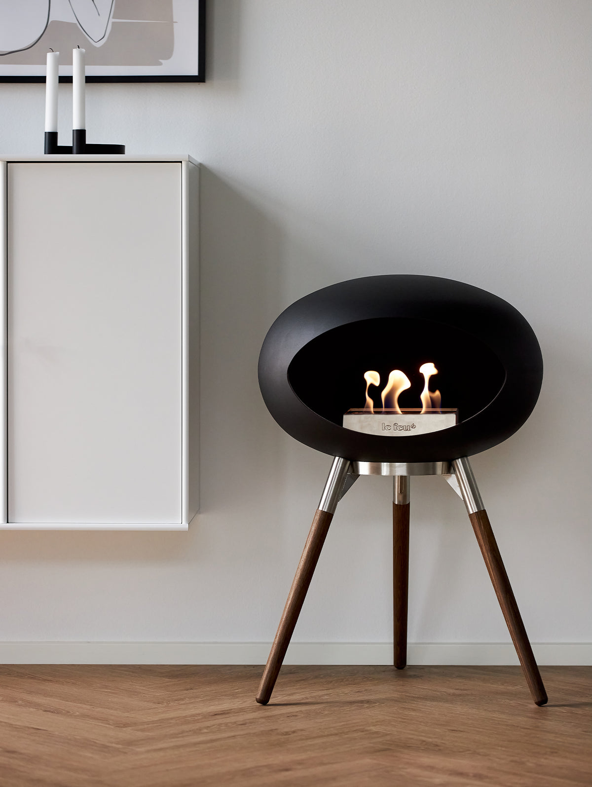 Ground Low Fireplace by Le Feu - Black Dome / Polished Steel Bowl / Smoked Oak Base