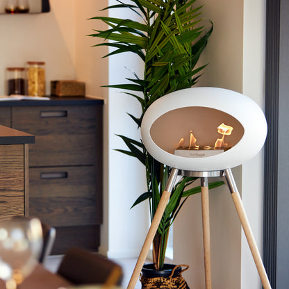 Ground High Fireplace by Le Feu - White Dome / Polished Steel Bowl / Soaped Oak Base