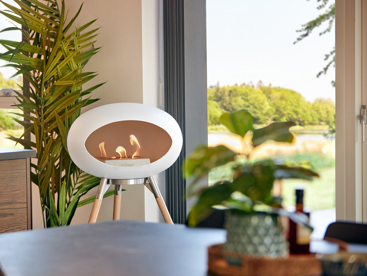 Ground High Fireplace by Le Feu - White Dome / Polished Steel Bowl / Soaped Oak Base