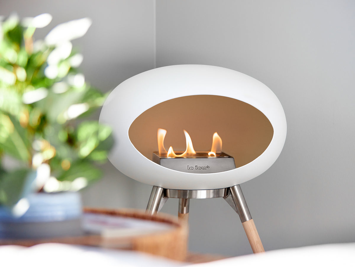 Ground Low Fireplace by Le Feu - White Dome / Polished Steel Bowl / Soaped Oak Base