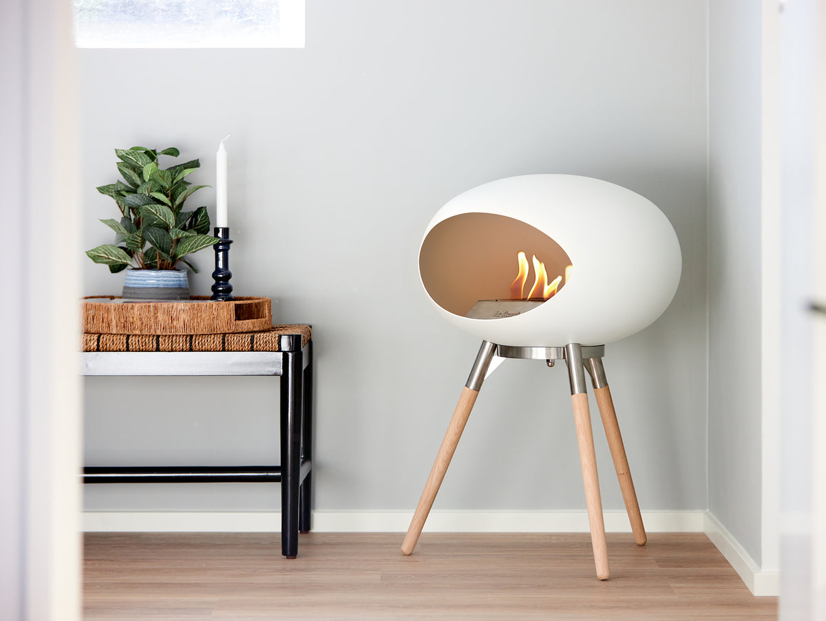 Ground Low Fireplace by Le Feu - White Dome / Polished Steel Bowl / Soaped Oak Base
