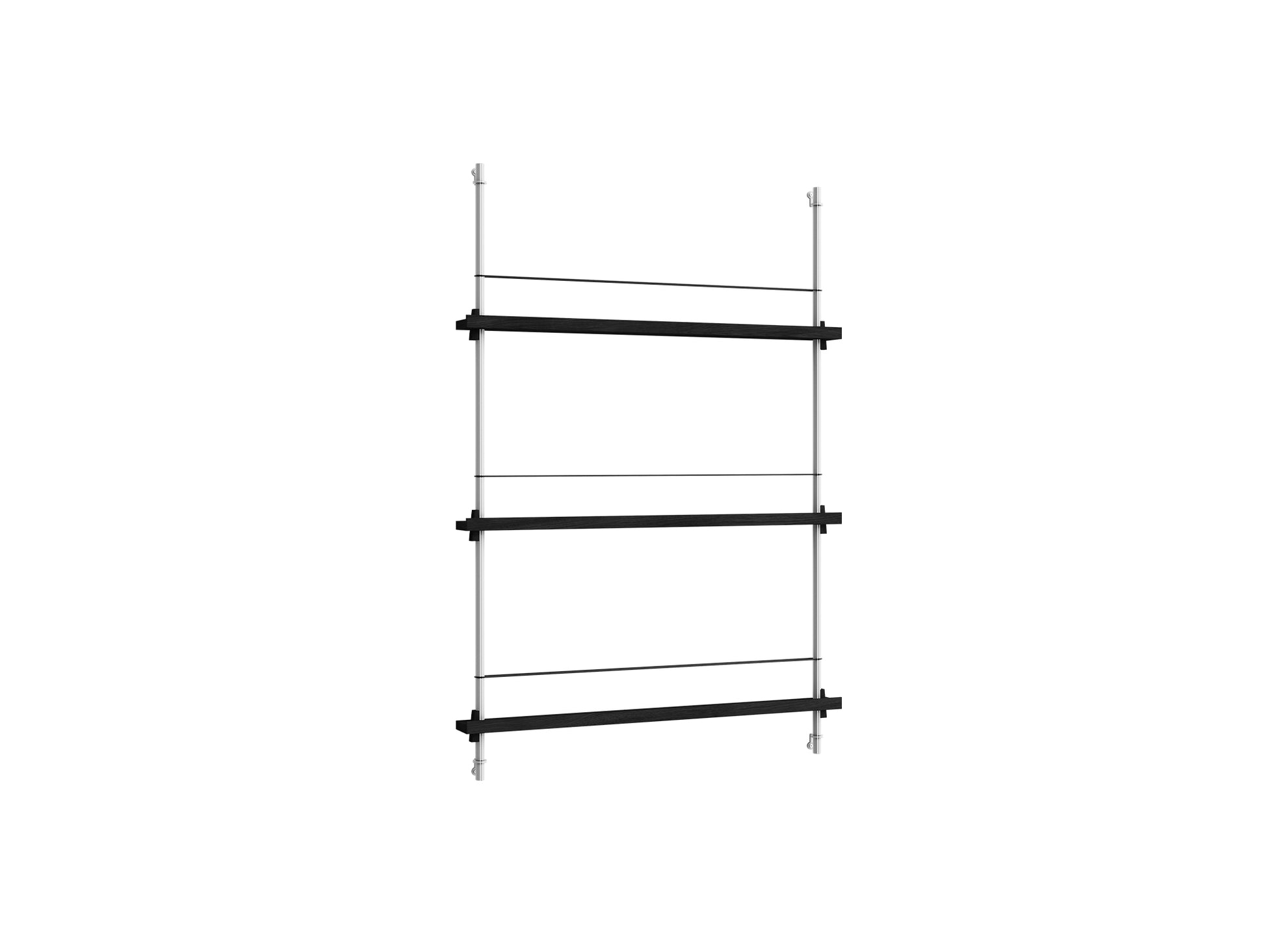 Magazine Shelving Sets (115 cm) by Moebe - Stainless Steel Uprights / Black Painted Oak