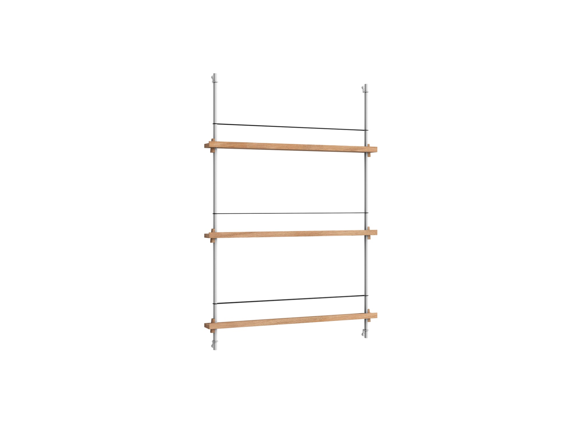 Magazine Shelving Sets (115 cm) by Moebe - Stainless Steel Uprights / Oiled Oak