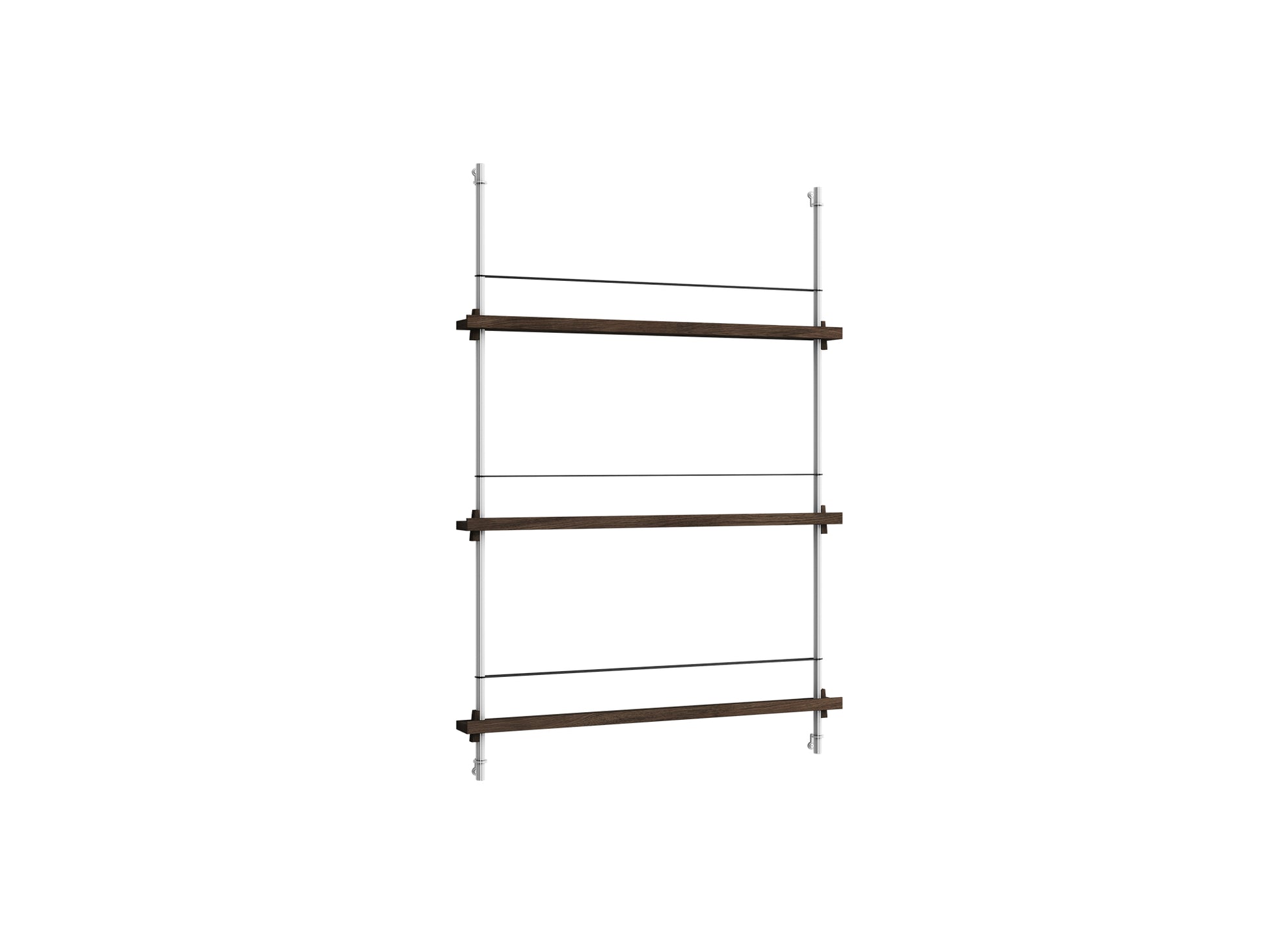 Magazine Shelving Sets (115 cm) by Moebe - Stainless Steel Uprights / Smoked Oak