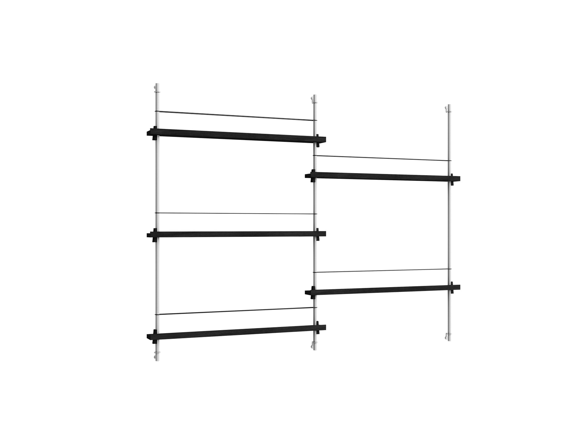 Magazine Shelving Sets (115 cm) by Moebe - MS.115.2 / Stainless Steel Uprights / Black Painted Oak