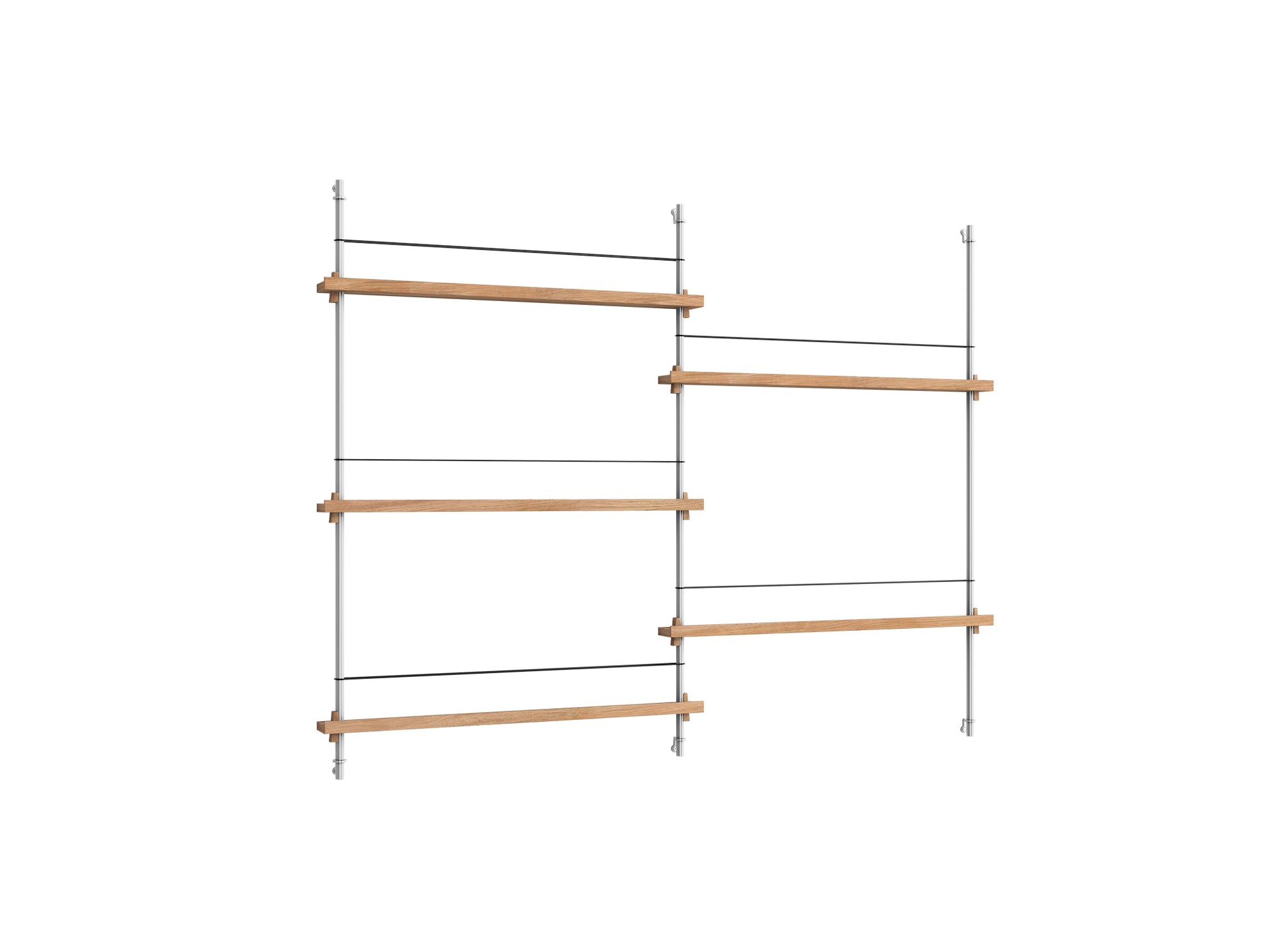 Magazine Shelving Sets (115 cm) by Moebe - MS.115.2 / Stainless Steel Uprights / Oiled Oak