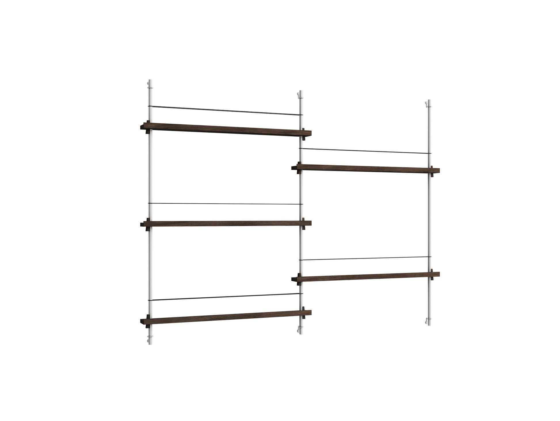 Magazine Shelving Sets (115 cm) by Moebe - MS.115.2 / Stainless Steel Uprights / Smoked Oak