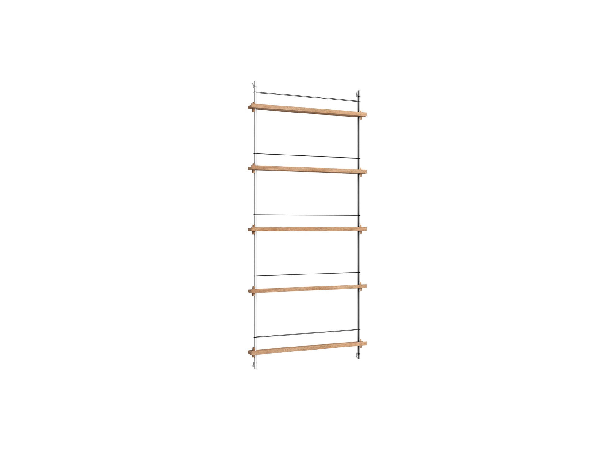 Magazine Shelving Sets (180 cm) by Moebe - MS.180.1 / Stainless Steel Uprights / Oiled Oak