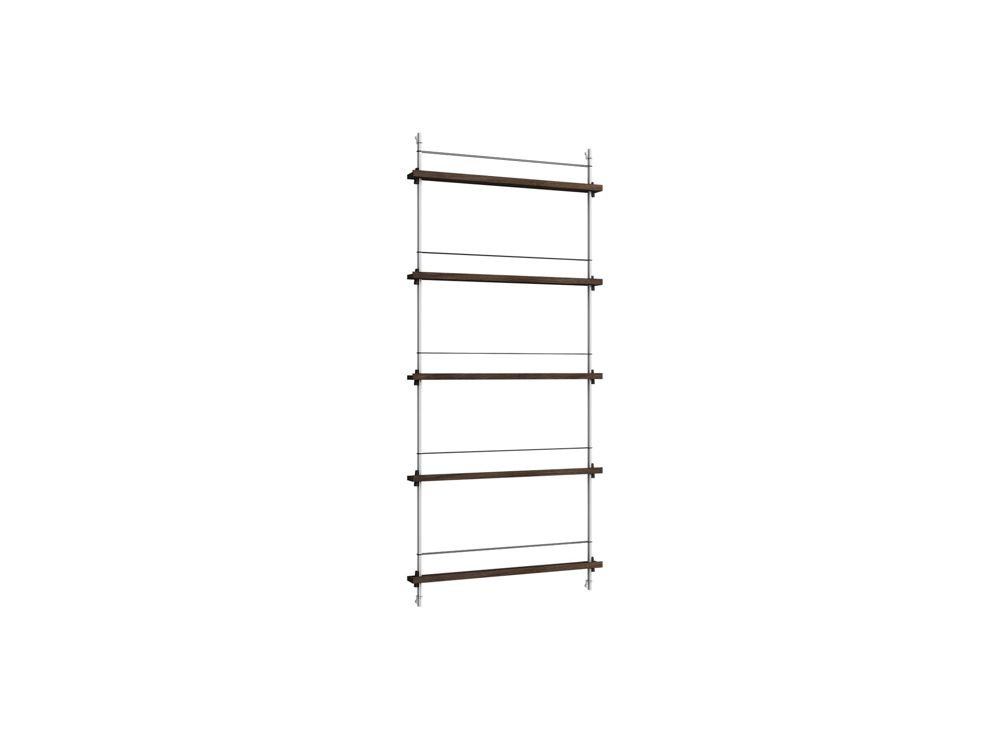 Magazine Shelving Sets (180 cm) by Moebe - MS.180.1 / Stainless Steel Uprights / Smoked Oak