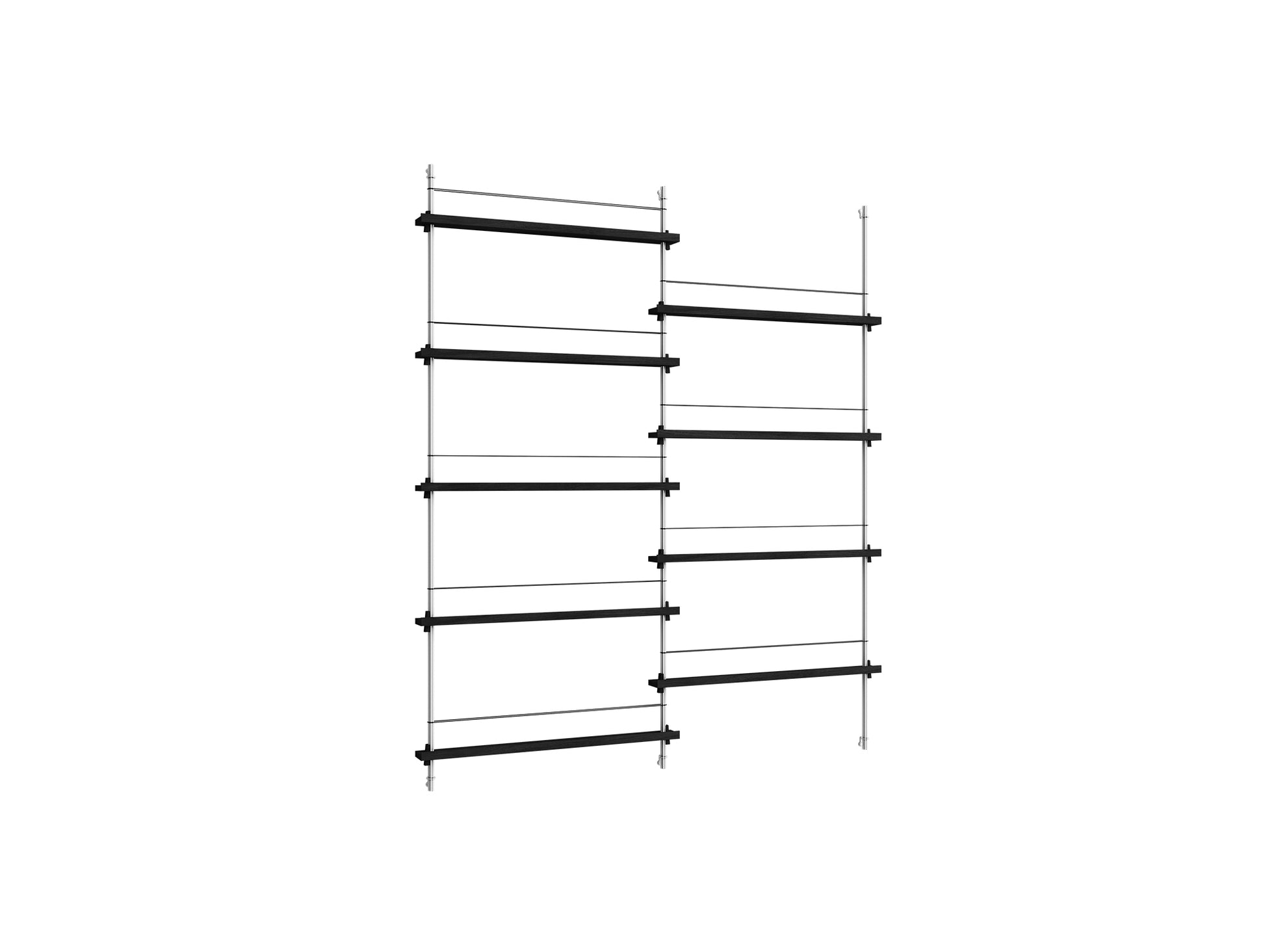 Magazine Shelving Sets (180 cm) by Moebe - MS.180.2 / Stainless Steel Uprights / Black Oak