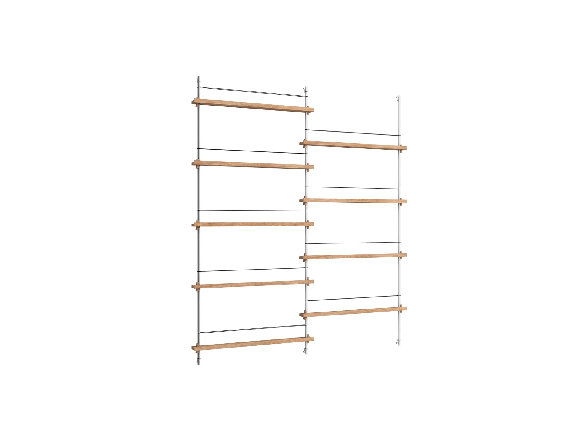 Magazine Shelving Sets (180 cm) by Moebe - MS.180.2 / Stainless Steel Uprights / Oiled Oak