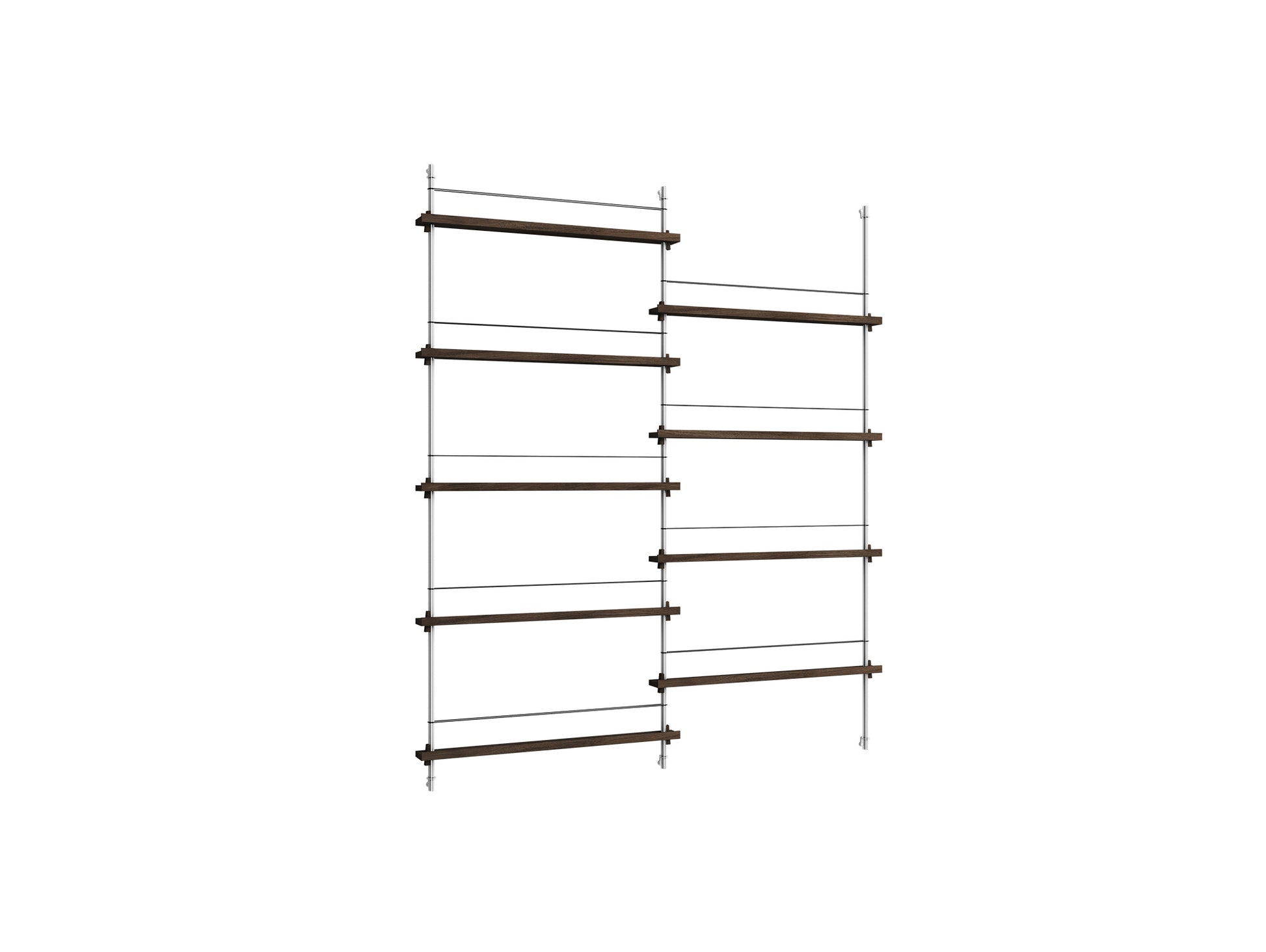 Magazine Shelving Sets (180 cm) by Moebe - MS.180.2 / Stainless Steel Uprights / Smoked Oak