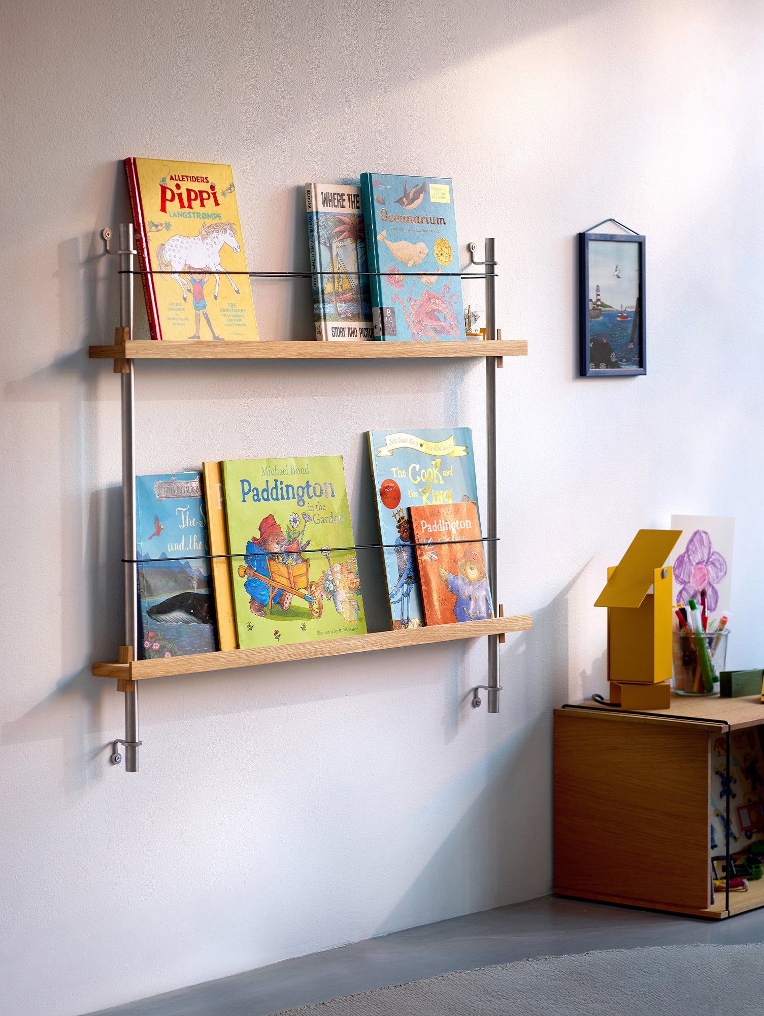 Magazine Shelving Sets (65 cm) by Moebe - Stainless Steel Uprights / Oiled Oak