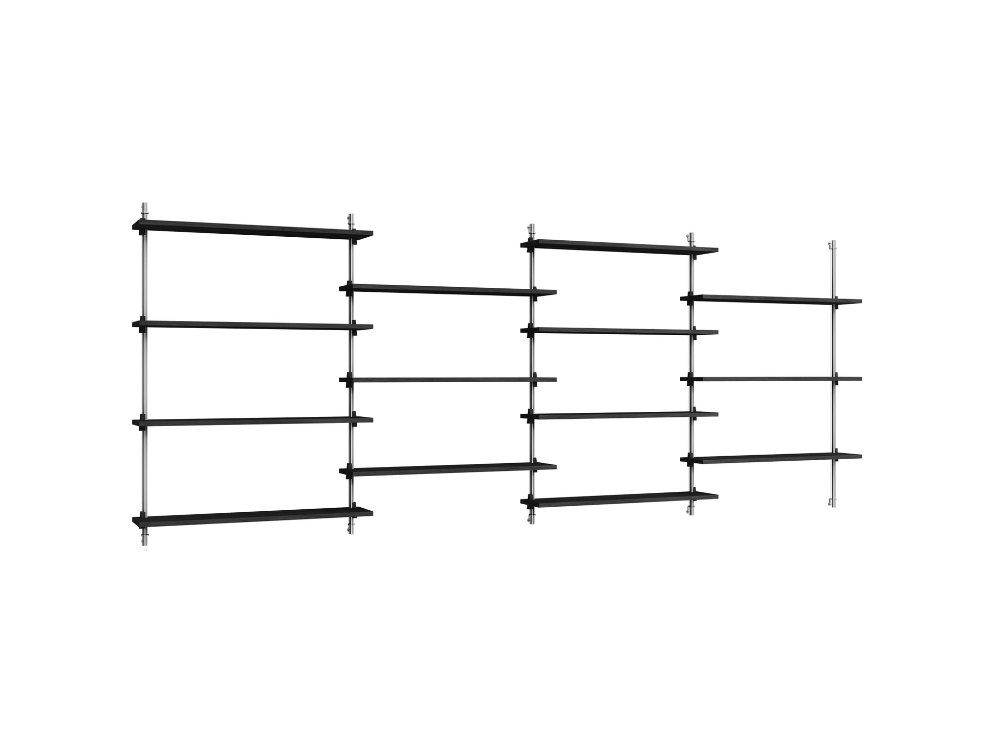 Wall Shelving System Sets (115 cm) by Moebe - WS.115.4 / Stainless Steel Uprights / Black Painted Oak
