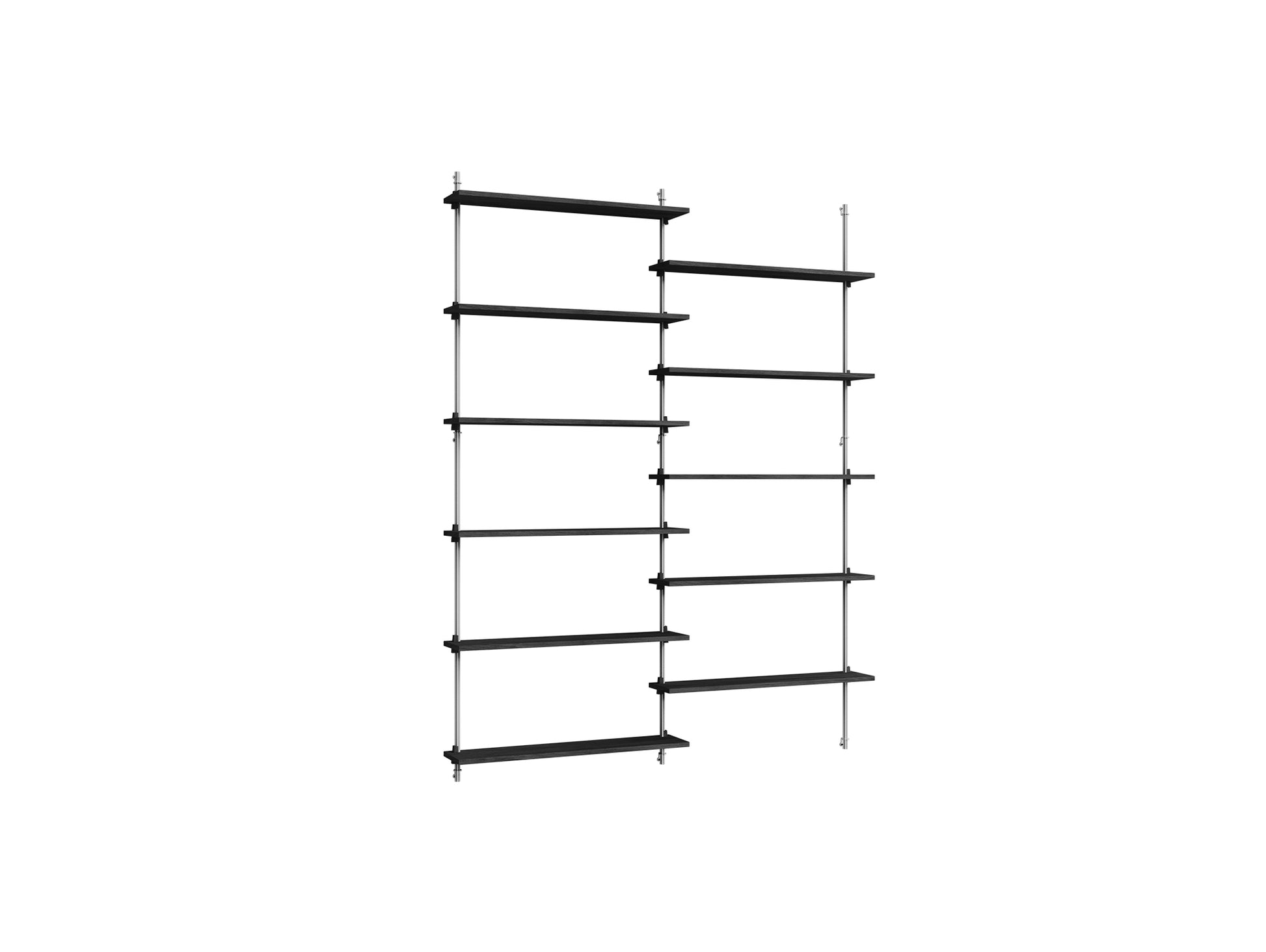 Wall Shelving System Sets (200 cm) by Moebe - WS.200.2 / Stainless Steel Uprights / Black Painted Oak