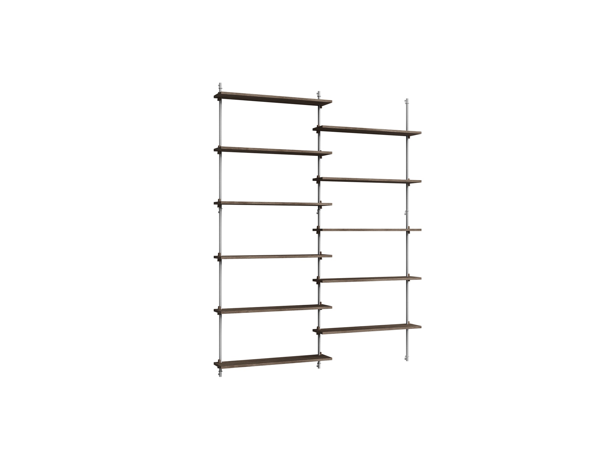 Wall Shelving System Sets (200 cm) by Moebe - WS.200.2 / Stainless Steel Uprights / Smoked Oak