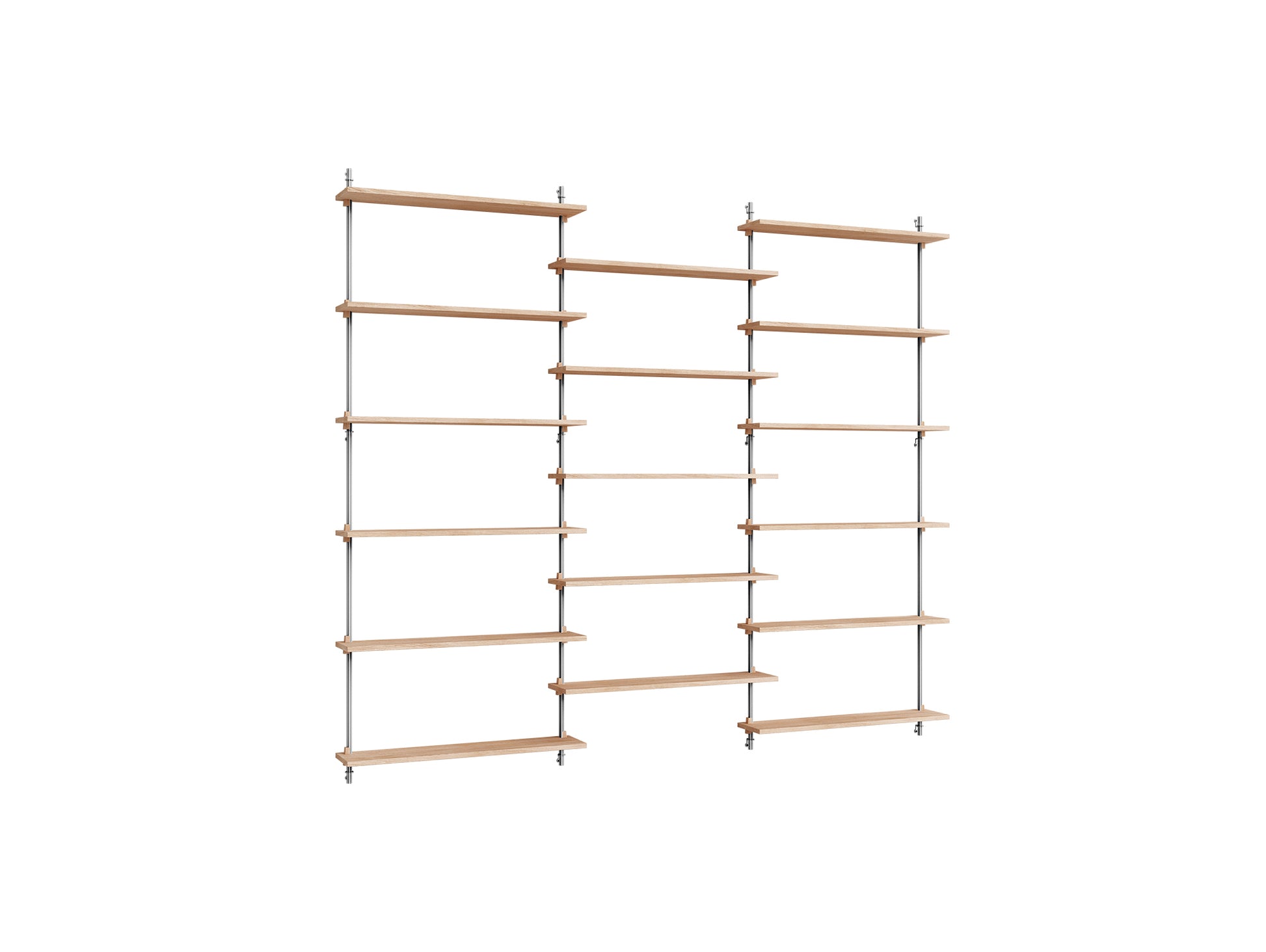 Wall Shelving System Sets (200 cm) by Moebe - WS.200.3 / Stainless Steel Uprights / Oiled Oak