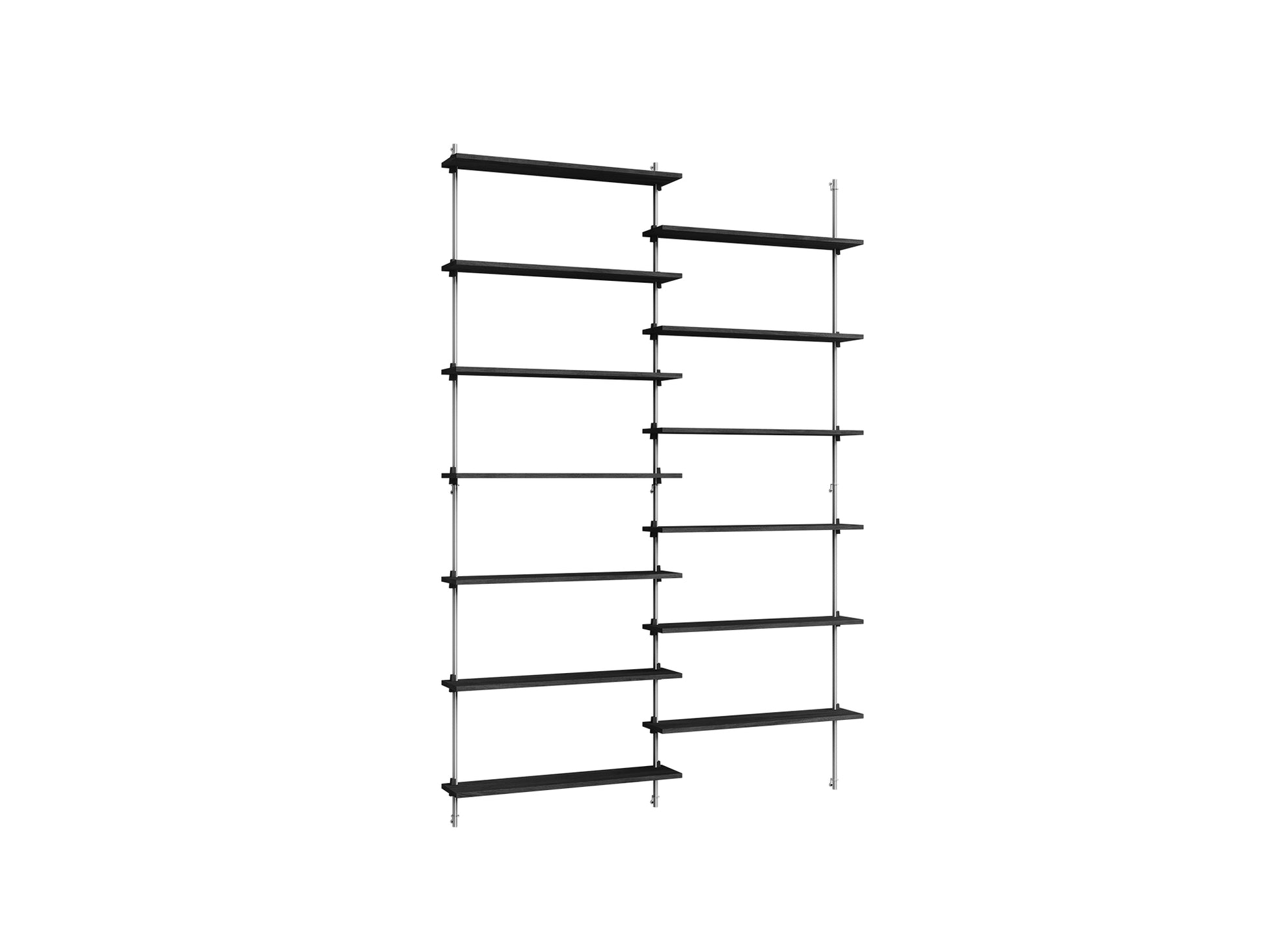 Wall Shelving System Sets (230 cm) by Moebe - WS.230.2 / Stainless Steel Uprights / Black Painted Oak