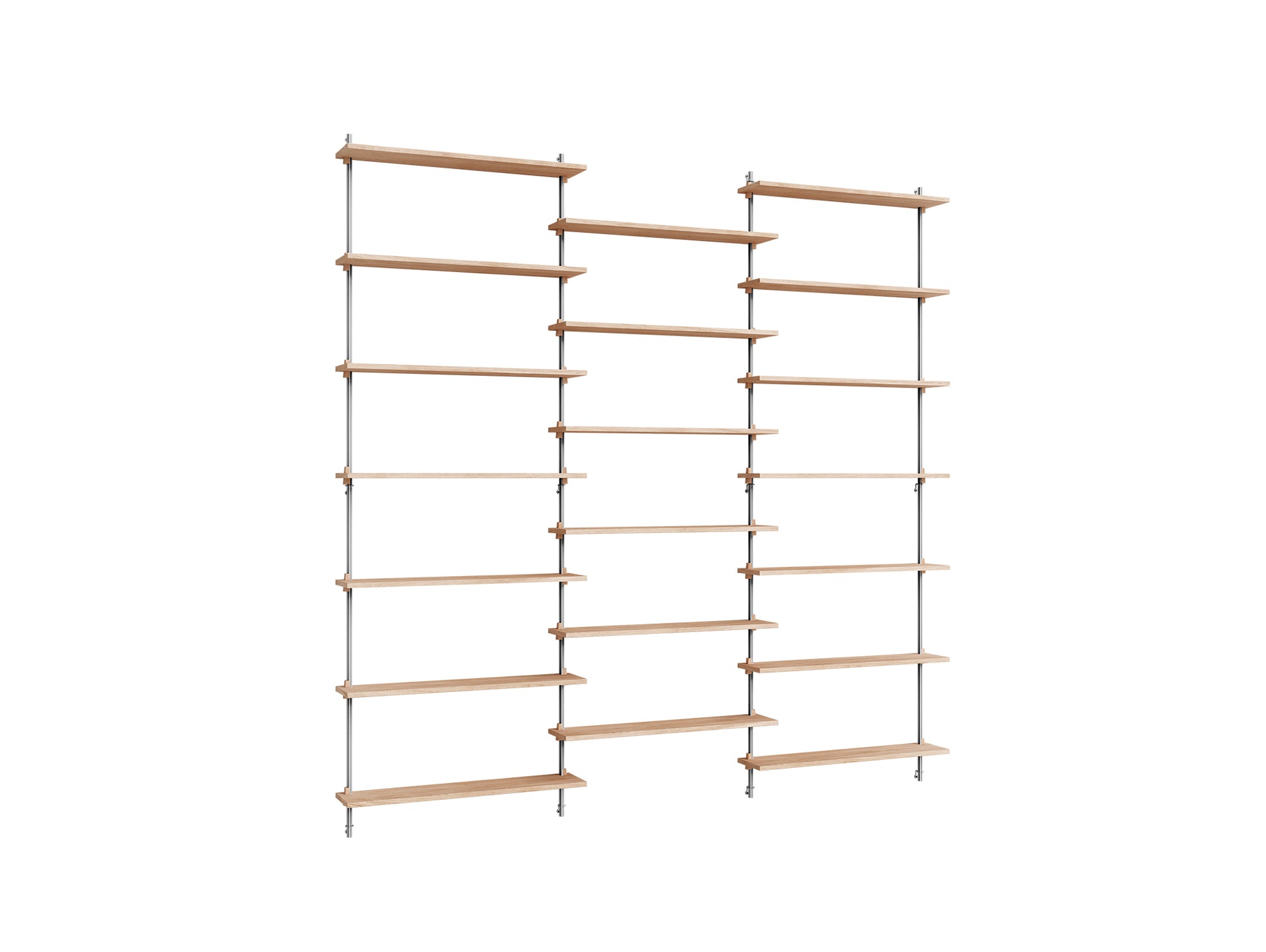 Wall Shelving System Sets (230 cm) by Moebe - WS.230.3 / Stainless Steel Uprights / Oiled Oak