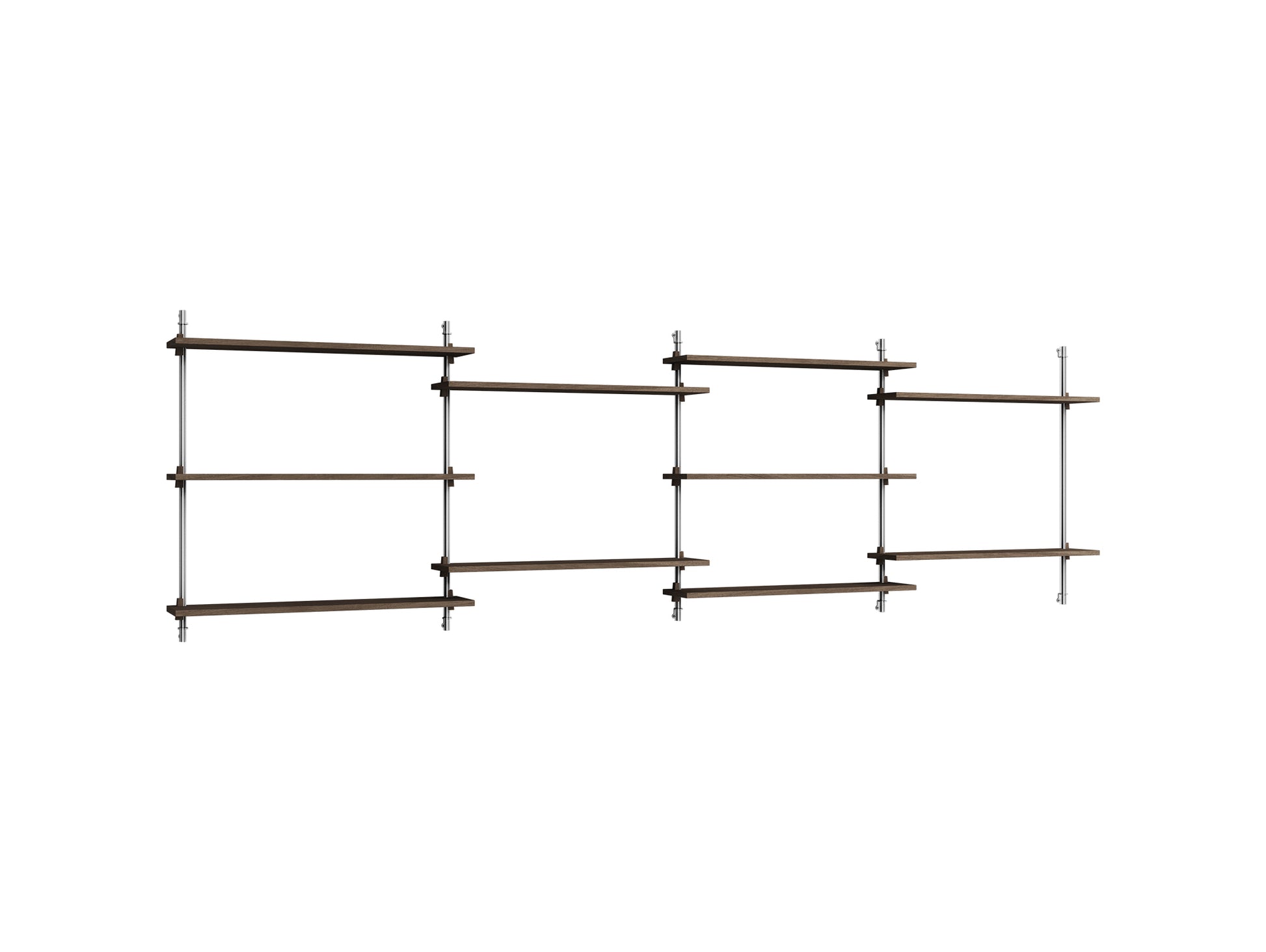 Wall Shelving System Sets (85 cm) by Moebe - WS.85.4 / Stainless Steel Uprights / Smoked Oak