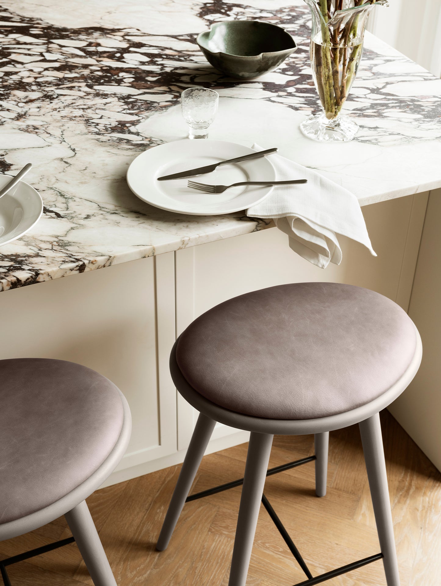 Mater High Stool - Grey Stained Beech Base / Burned Grey Leather Seat