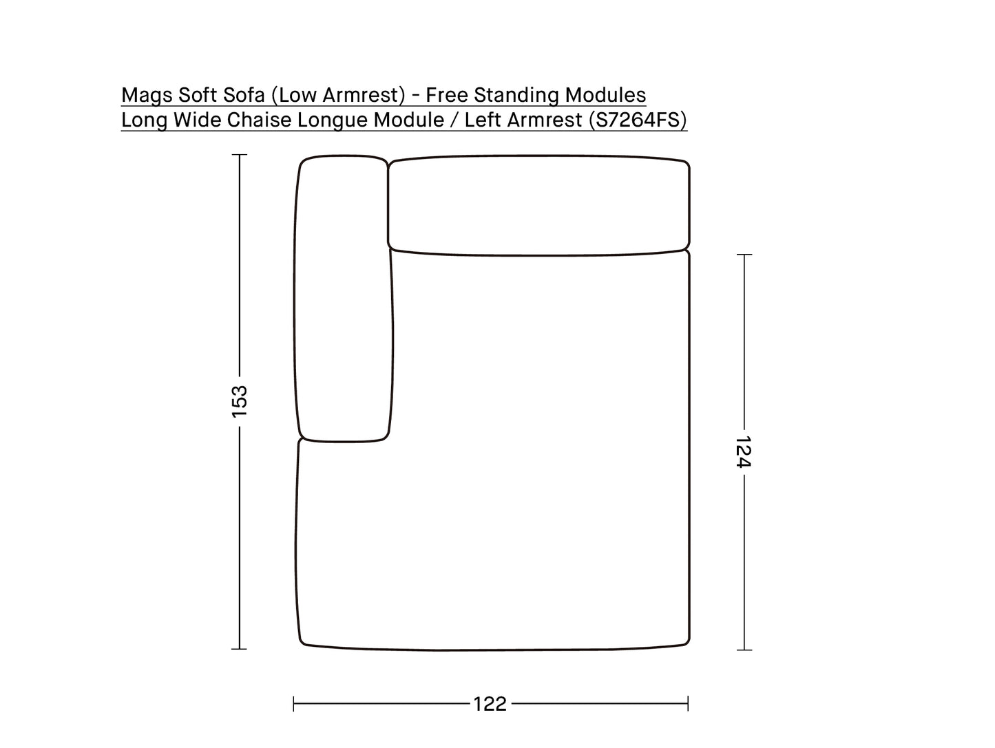 Mags Soft Sofa (Low Armrest) - Free Standing Modules by HAY / Long Wide Chaise Longue Module / Left Armrest (S7264FS)