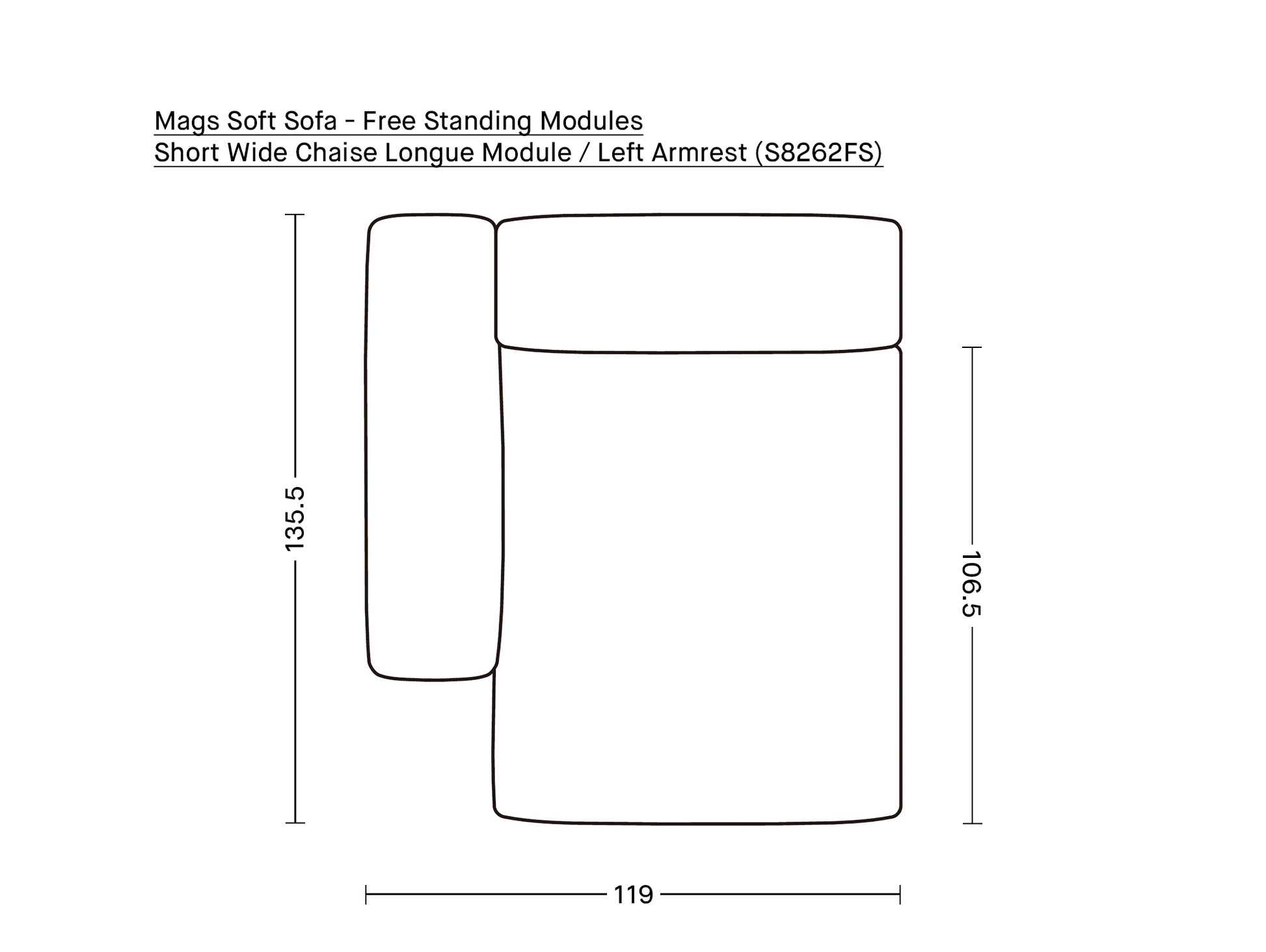 Mags Soft Sofa - Free Standing Modules by HAY / Short Wide Chaise Longue Module / Left Armrest (S8262FS)