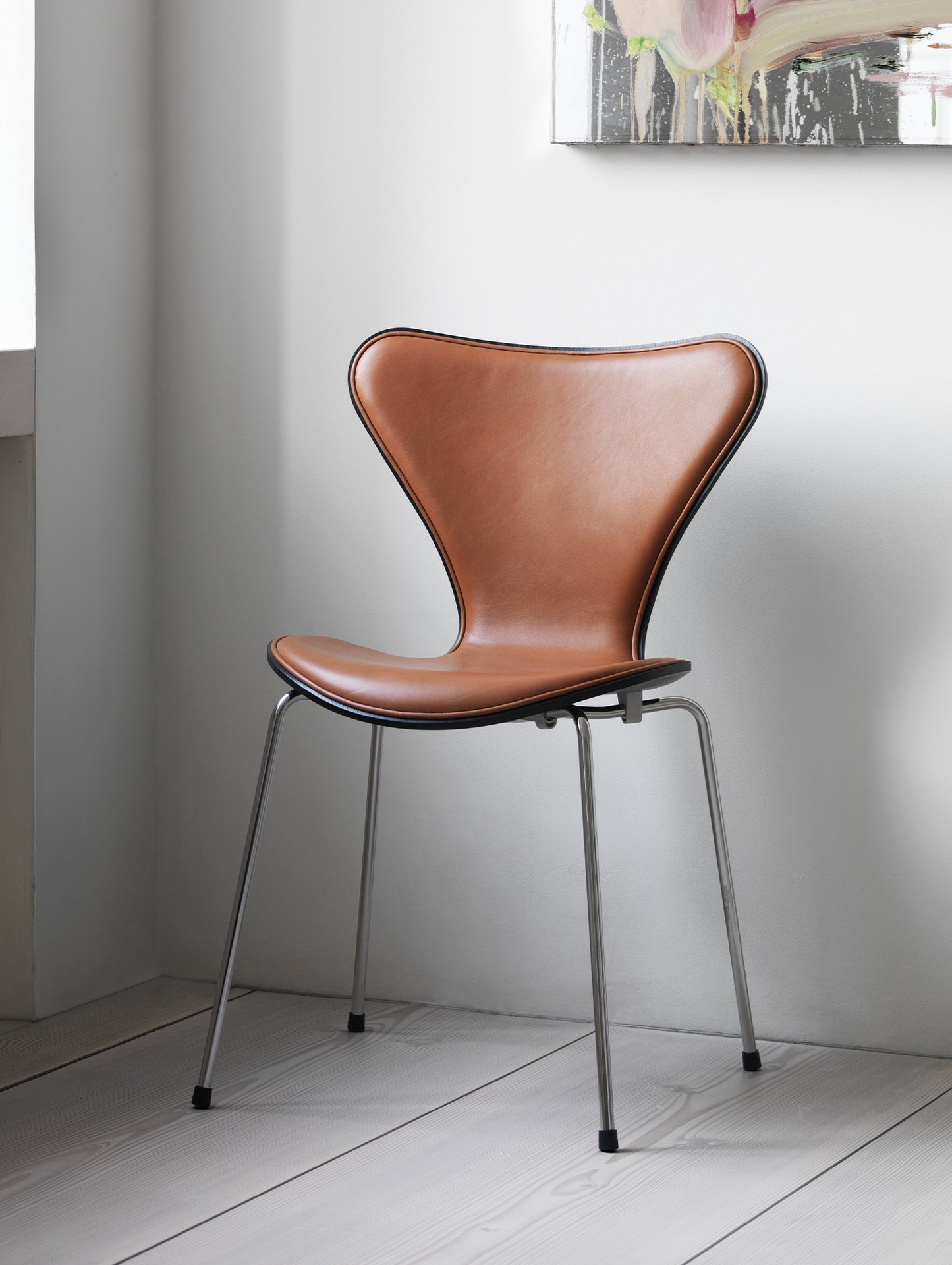 Series 7™ 3107 Dining Chair (Front Upholstered) by Fritz Hansen - Front: Walnut Leather / Back: Black Coloured Ash