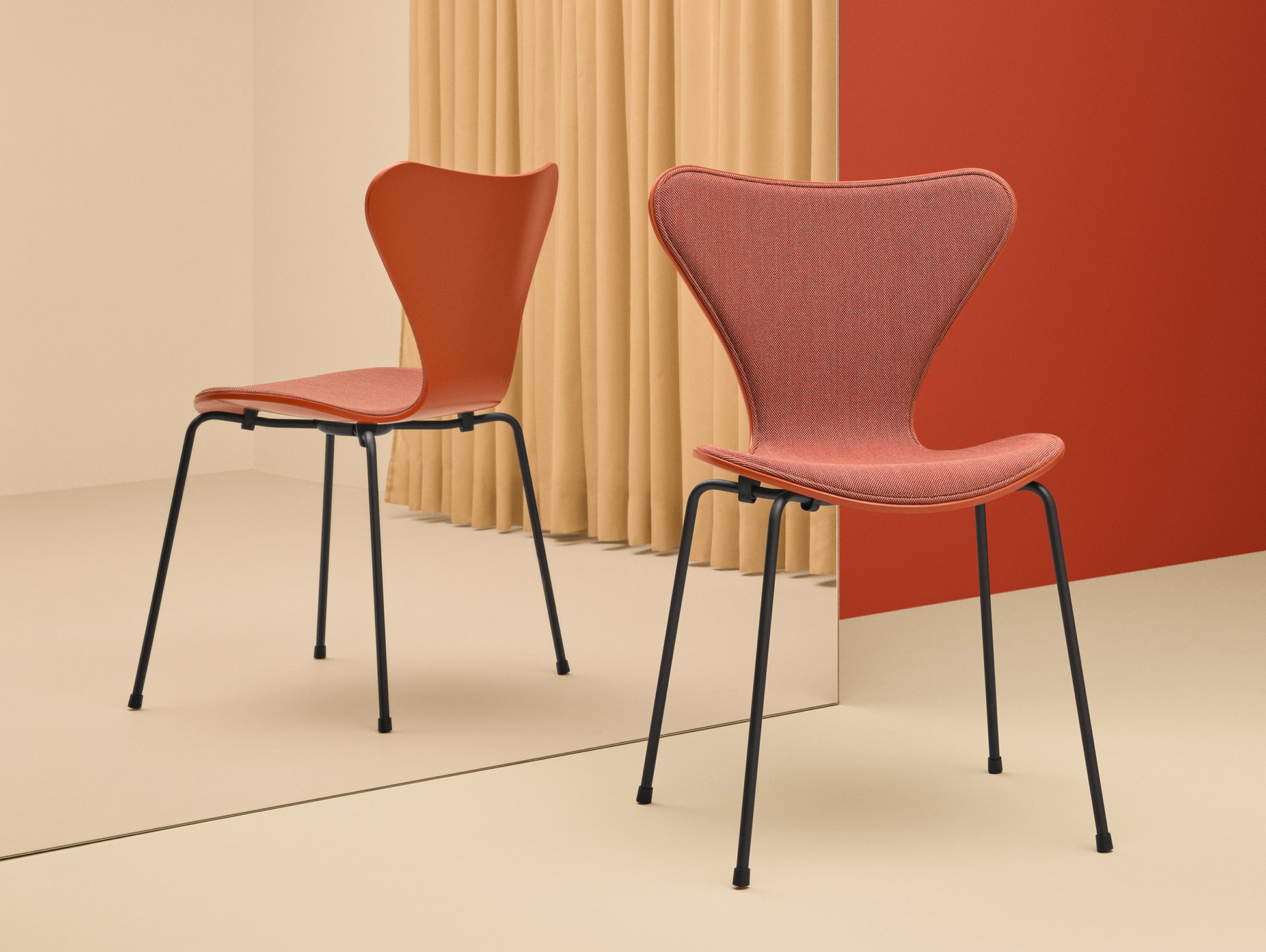 Series 7™ 3107 Dining Chair (Front Upholstered) by Fritz Hansen - Brown Bronze Steel / Front: Steelcut Trio 3 636 / Back: Paradise Orange Lacquered Veneer