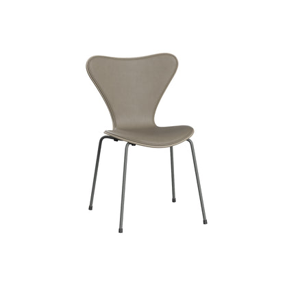Series 7™ 3107 Dining Chair (Front Upholstered) by Fritz Hansen - Silver Grey Steel / Front: Essential Light Grey Leather / Back: Light Beige Lacquered Veneer