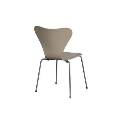 Series 7™ 3107 Dining Chair (Front Upholstered) by Fritz Hansen - Silver Grey Steel / Front: Essential Light Grey Leather / Back: Light Beige Lacquered Veneer