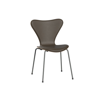 Series 7™ 3107 Dining Chair (Front Upholstered) by Fritz Hansen - Silver Grey Steel / Front: Essential Stone Leather / Back: Clear Lacquered Dark Stained Oak Veneer