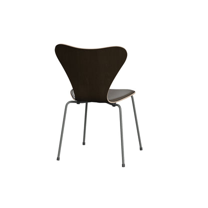 Series 7™ 3107 Dining Chair (Front Upholstered) by Fritz Hansen - Silver Grey Steel / Front: Essential Stone Leather / Back: Clear Lacquered Dark Stained Oak Veneer