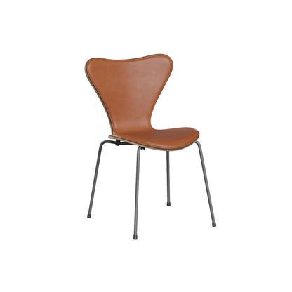 Series 7™ 3107 Dining Chair (Front Upholstered) by Fritz Hansen - Silver Grey Steel / Front: Grace Walnut Leather / Back: Clear Lacquered Walnut Veneer
